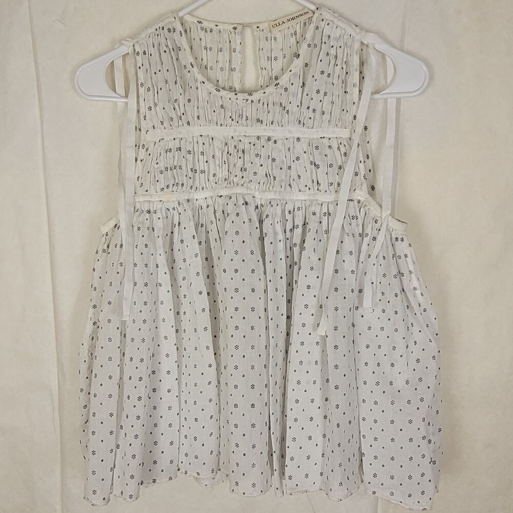 Ulla Johnson white blue ditzy print tie back babydoll top Size 4 Boho Feminine - Picture 3 of 10